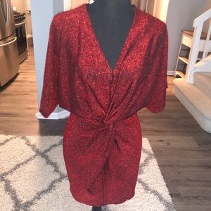 Red batwing metallic twist front dress